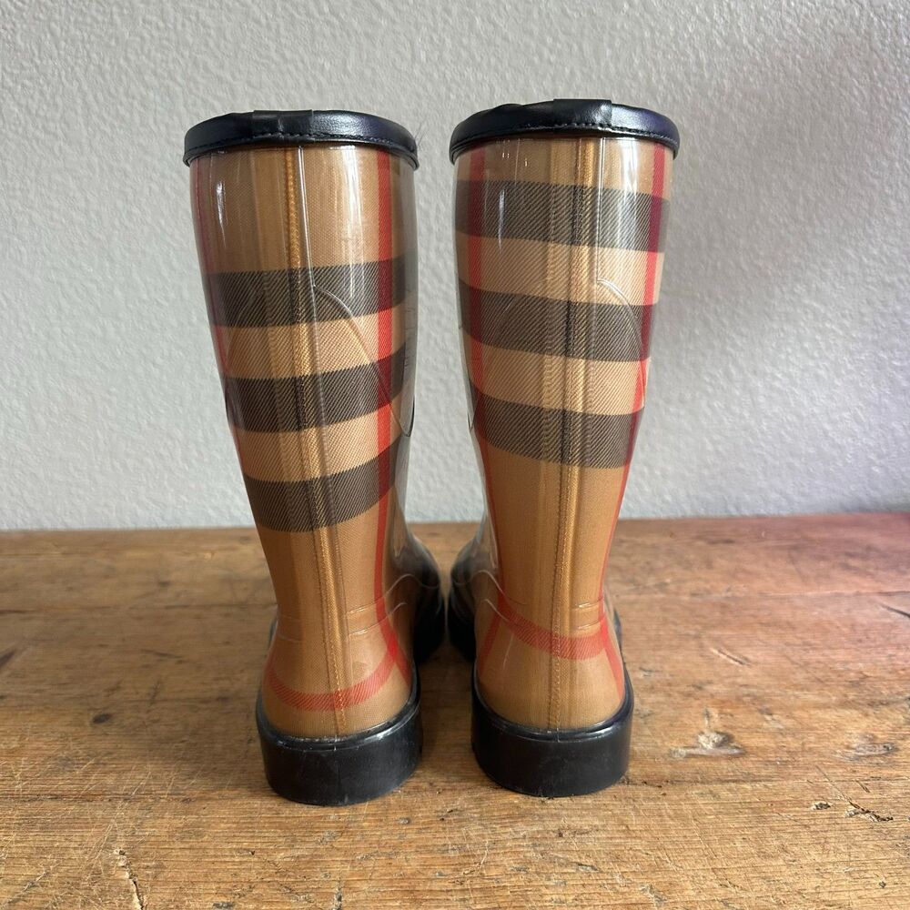 Burberry Rubber Rain Boots Tan Check Plaid Mid Calf Size EU 41 Women's US 10 - Picture 6 of 9